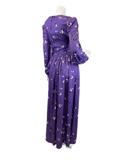 VINTAGE 60s 70s PURPLE BLACK WHITE FLORAL DANDELION LONGSLEEVE MAXI DRESS 10 12