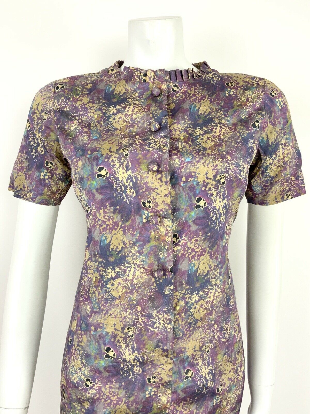 VTG 60s 70s PURPLE BLUE GREEN GOLD FLORAL WATERCOLOUR BATIK SHIFT DRESS 8 10