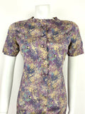 VTG 60s 70s PURPLE BLUE GREEN GOLD FLORAL WATERCOLOUR BATIK SHIFT DRESS 8 10