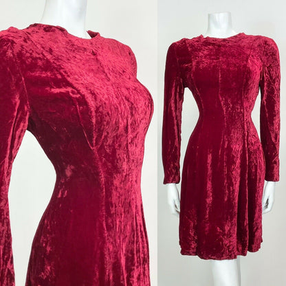 VINTAGE 60s 70s 80s RUBY RED VELVET PARTY LONGSLEEVE SWING DRESS 10 12