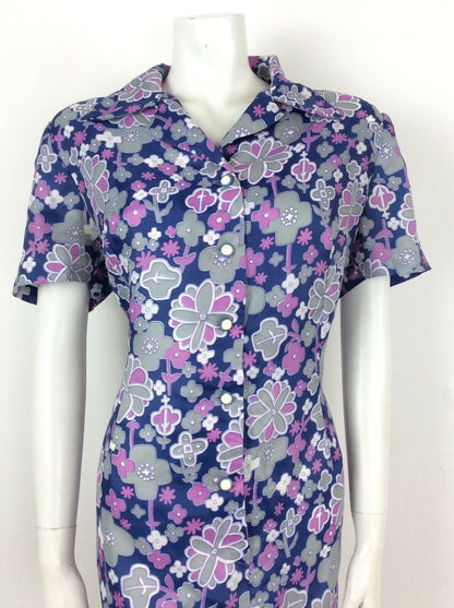 STUNNING VINTAGE 60S 70S PSYCHEDELIC BLUE PURPLE FLORAL TEA DRESS 16 18