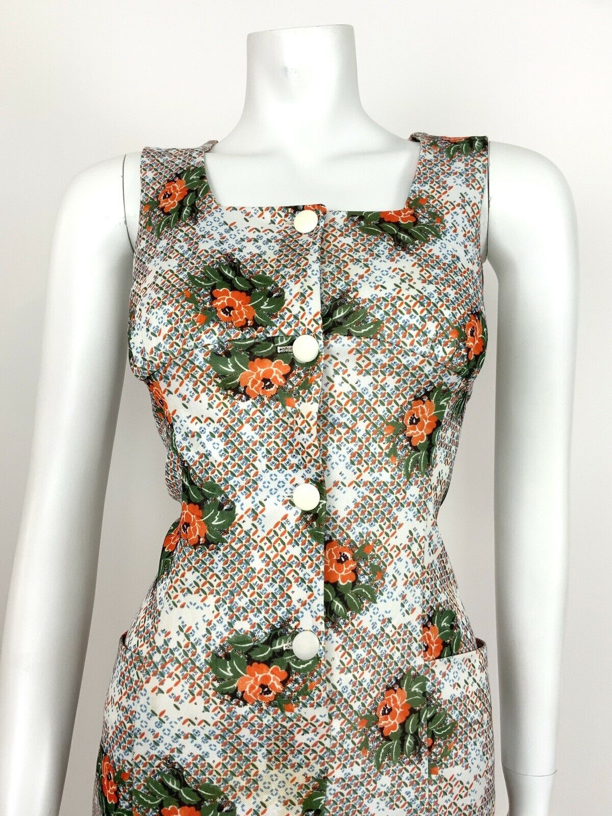 VTG 60s 70s ABSTRACT FLORAL WHITE GREEN ORANGE BLUE EMPIRE DRESS 12