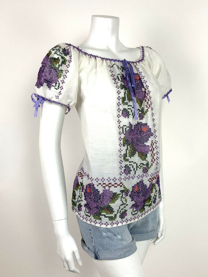 VTG 60s 70s WHITE PURPLE GREEN EMBROIDERED FLORAL BLOUSE FOLK ETHNIC 10 12 14 16