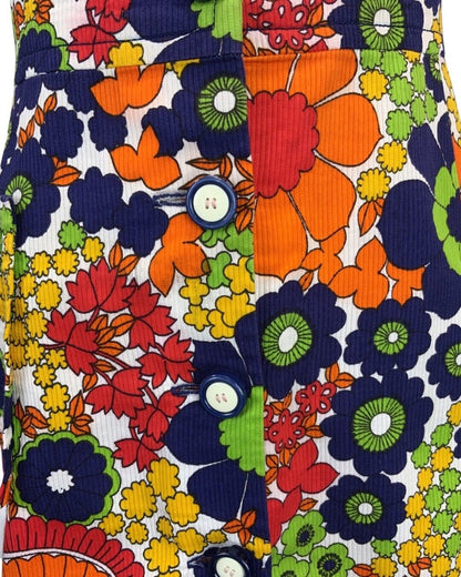 VTG 60s 70s ORANGE NAVY BLUE RED YELLOW PSYCHEDELIC FLOWER PRINT DRESS 10 12