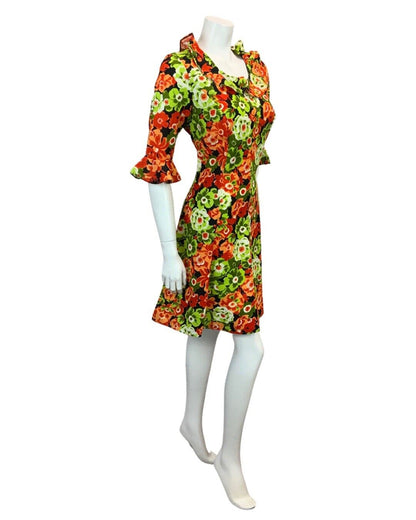 VINTAGE 60s 70s GREEN RED BLACK WHITE FLORAL PRINT RUFFLED MIDI DRESS 12