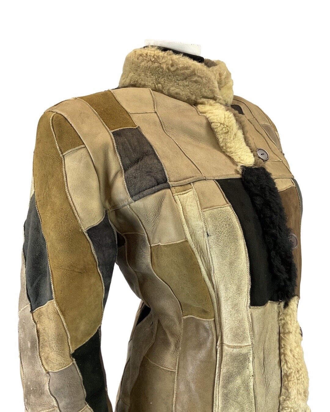 VINTAGE 70s 80s BROWN GREY PATCHWORK BOHO SUEDE LEATHER SHEARLING COAT 14