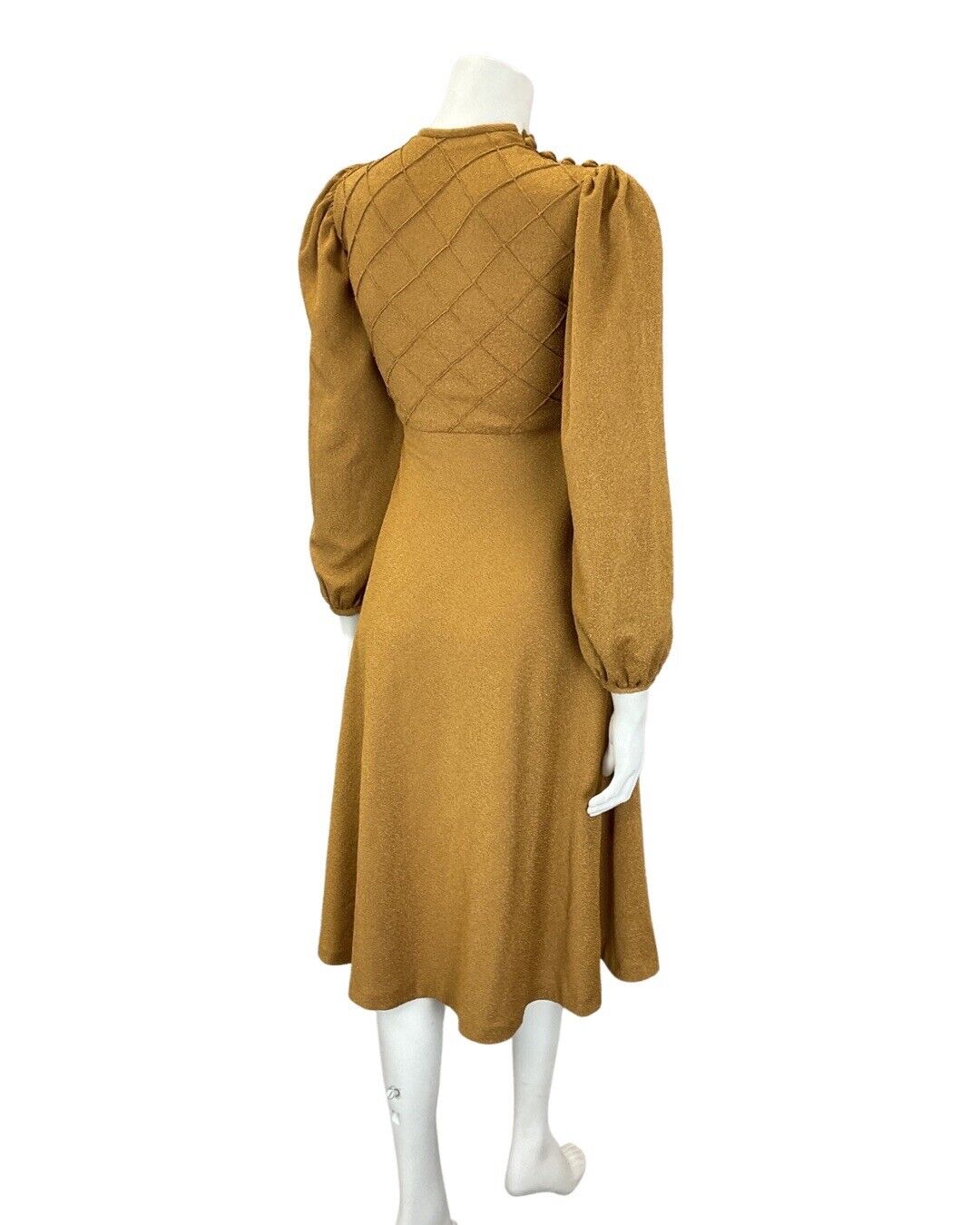 VTG 60s 70s OCHRE TAN BROWN DIAMOND BOHO MOD LONG SLEEVE SWING DRESS 8