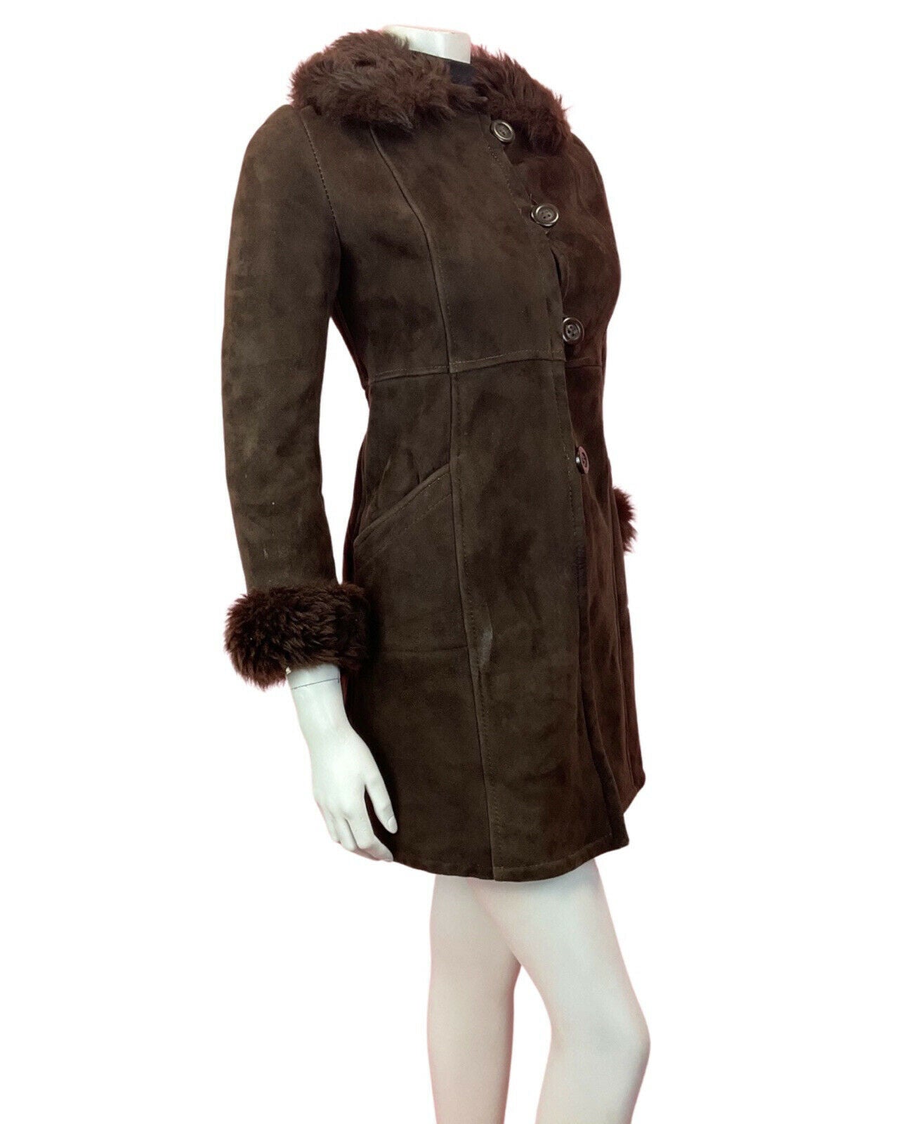 VINTAGE 60s 70s DARK BROWN SUEDE LEATHER PENNY LANE BOHO SHEARLING COAT 6 8