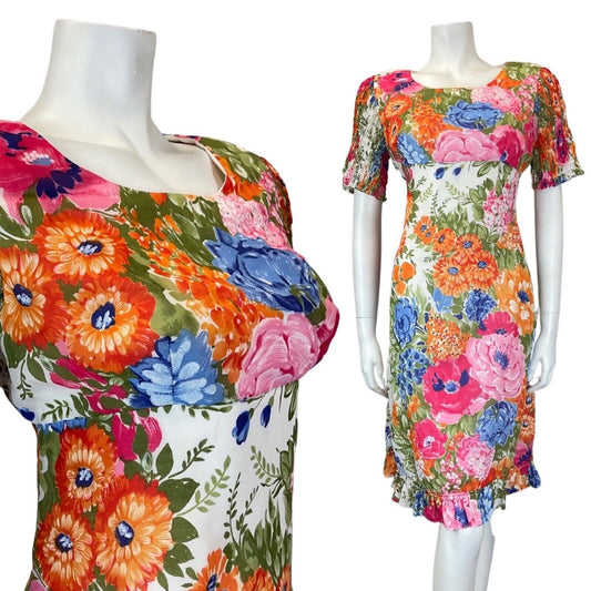 VINTAGE 60s 70s WHITE ORANGE PINK FLORAL MOD EMPIRE LINE MIDI DRESS 10