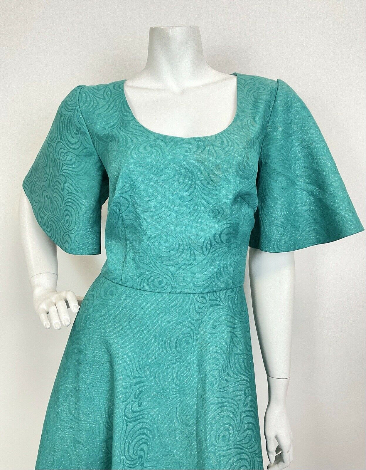 VTG 60s 70s GREEN SILVER GOLD FLORAL SWIRL BELL SLEEVE PARTY MAXI DRESS 12 14