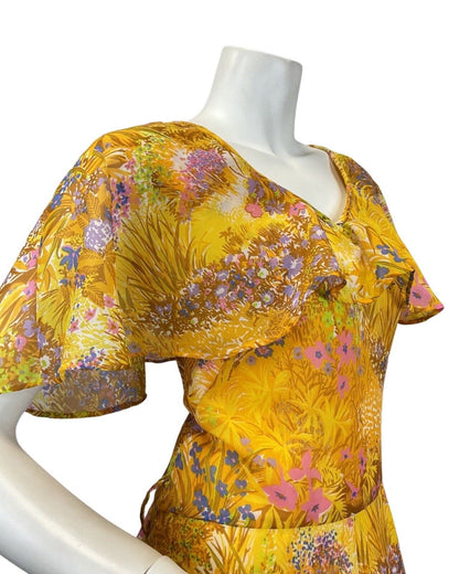 VINTAGE 60s 70s YELLOW PINK PURPLE FLORAL LEAFY PRAIRIE FLOATY MAXI DRESS 14