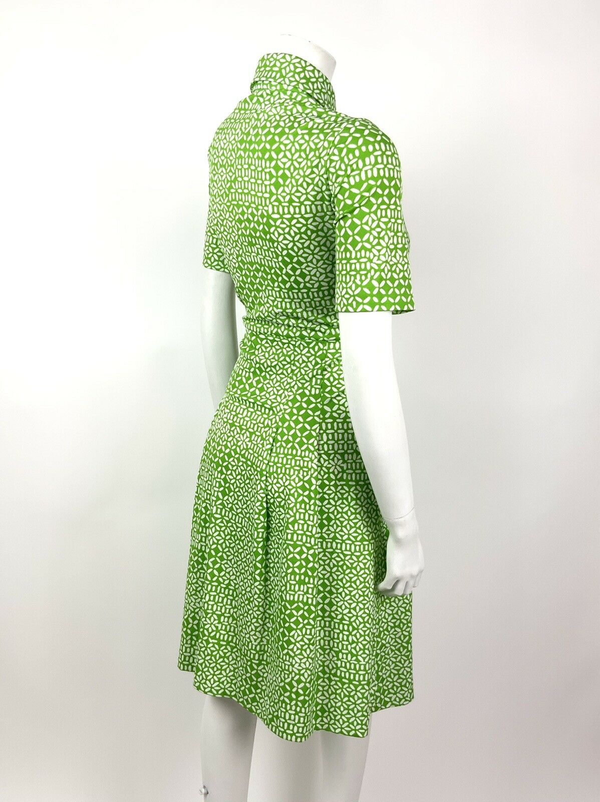 VINTAGE 60s 70s APPLE LIME GREEN WHITE DASH CROSS HATCH DAGGER SHIRT DRESS 10 12