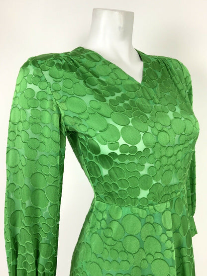 VINTAGE 60s 70s APPLE GREEN GEOMETRIC BUBBLE SHEER SWING DRESS 8 10