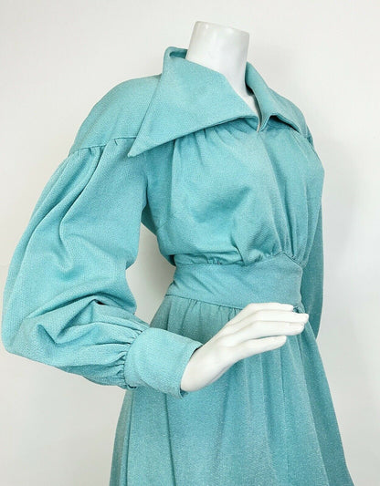 VTG 60s 70s BABY BLUE LUREX GLITTERY MOD STUDIO 54 DAGGER SHIRT MAXI DRESS 10