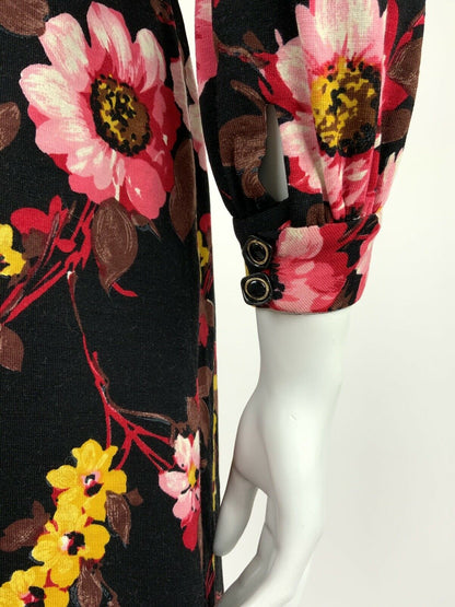 VINTAGE 60s 70s BLACK PINK YELLOW FLORAL BOHO WRAP DRESS 10 12