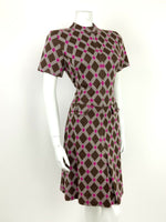 VTG 60s 70s MOD BROWN WHITE PINK DIAMOND CHECKERED GEOMETRIC DRESS 10 12