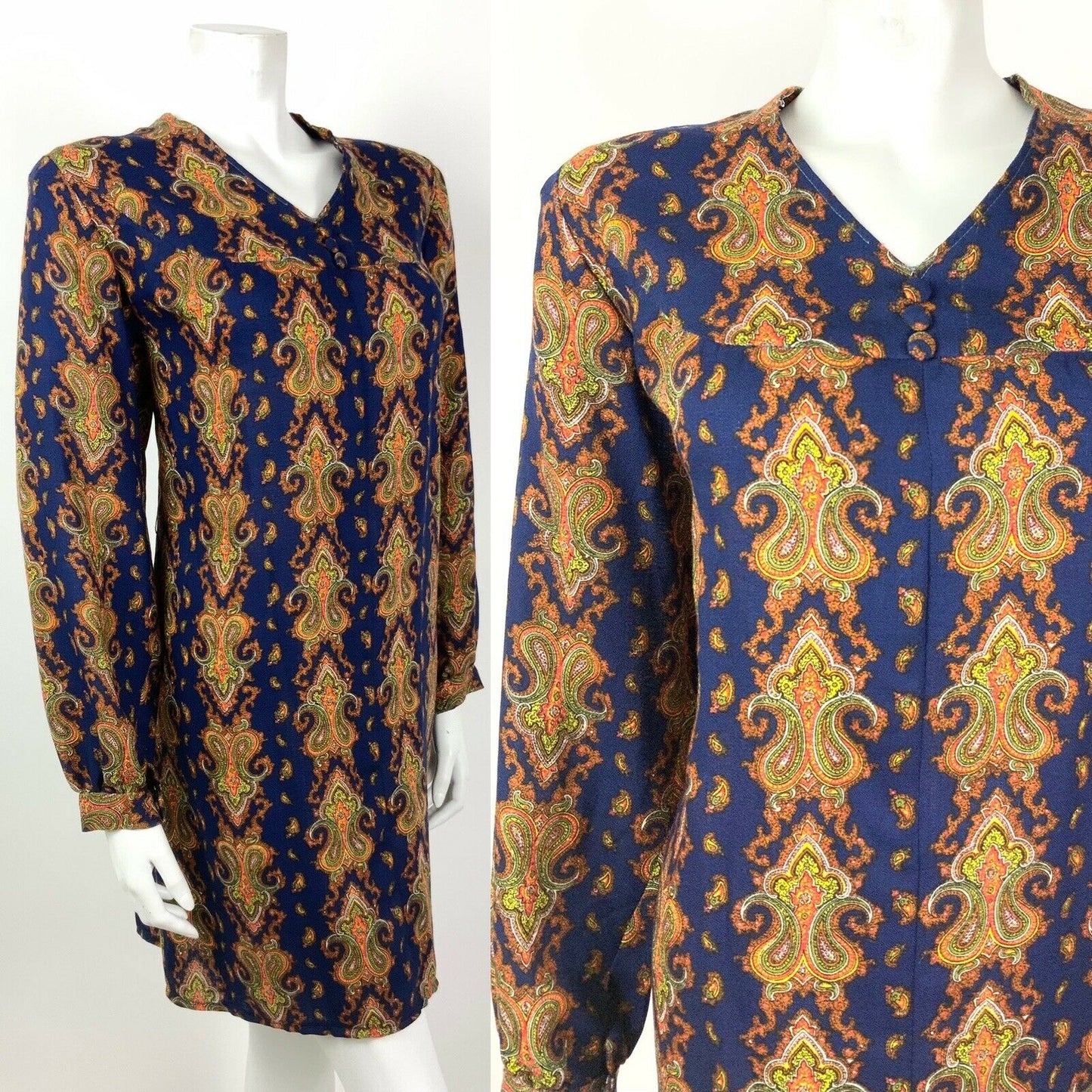 VINTAGE 60s 70s BLUE ORANGE YELLOW BROWN PAISLEY FLORAL SHIFT DRESS 14 16