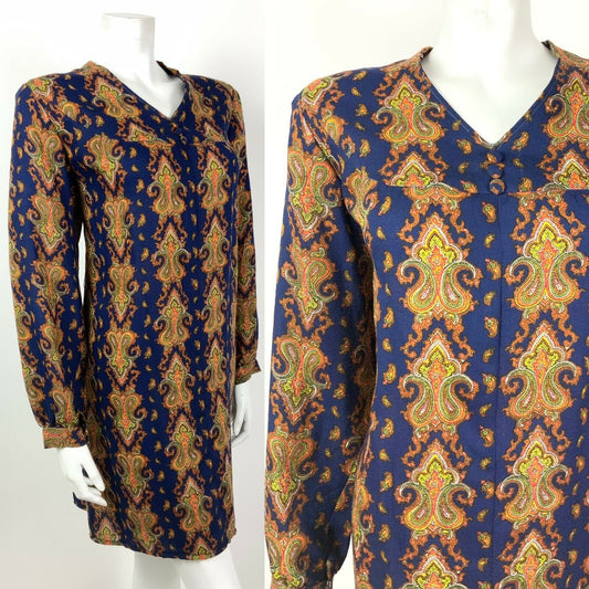 VINTAGE 60s 70s BLUE ORANGE YELLOW BROWN PAISLEY FLORAL SHIFT DRESS 14 16