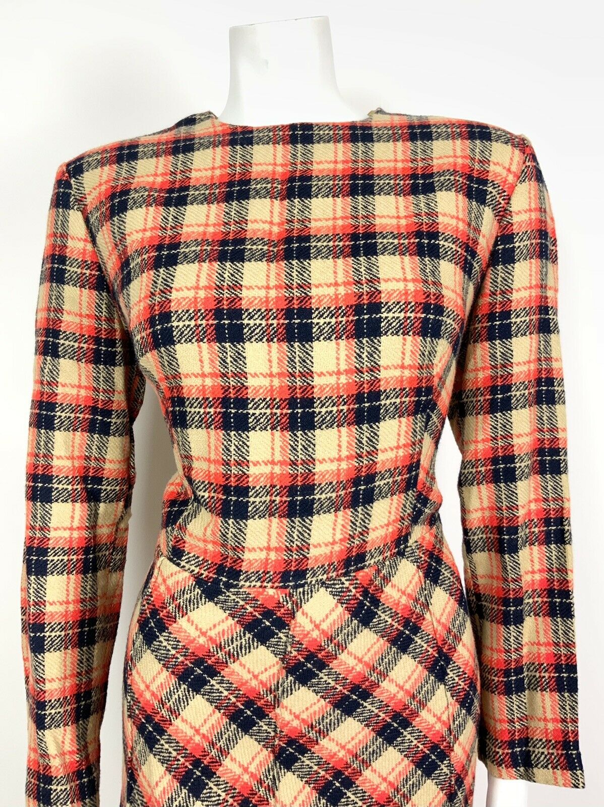 VINTAGE 60s 70s BEIGE BLUE RED PLAID TARTAN SWING FLARED MOD DRESS 14 16