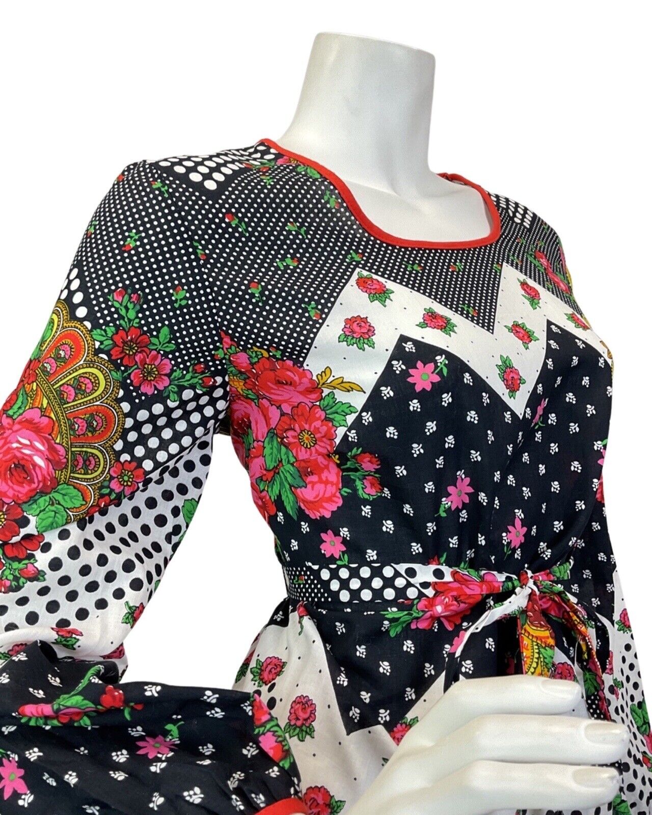 VINTAGE 60s 70s BLACK WHITE PINK POLKA-DOT FLORAL PSYCHEDELIC MAXI DRESS 12 14