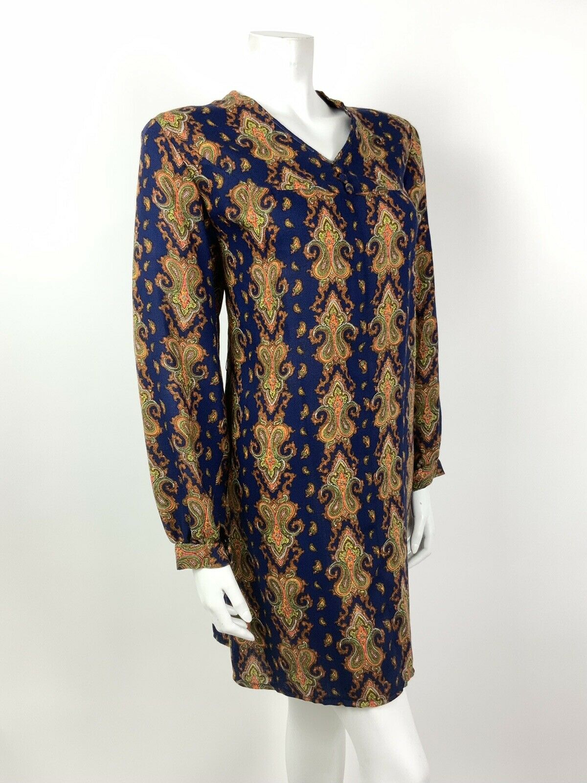 VINTAGE 60s 70s BLUE ORANGE YELLOW BROWN PAISLEY FLORAL SHIFT DRESS 14 16