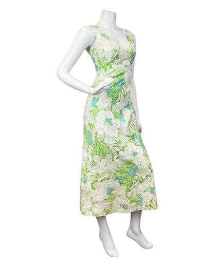 VINTAGE 60s 70s CREAM LIME GREEN FLORAL LEAFY SLEEVELESS MAXI DRESS 10