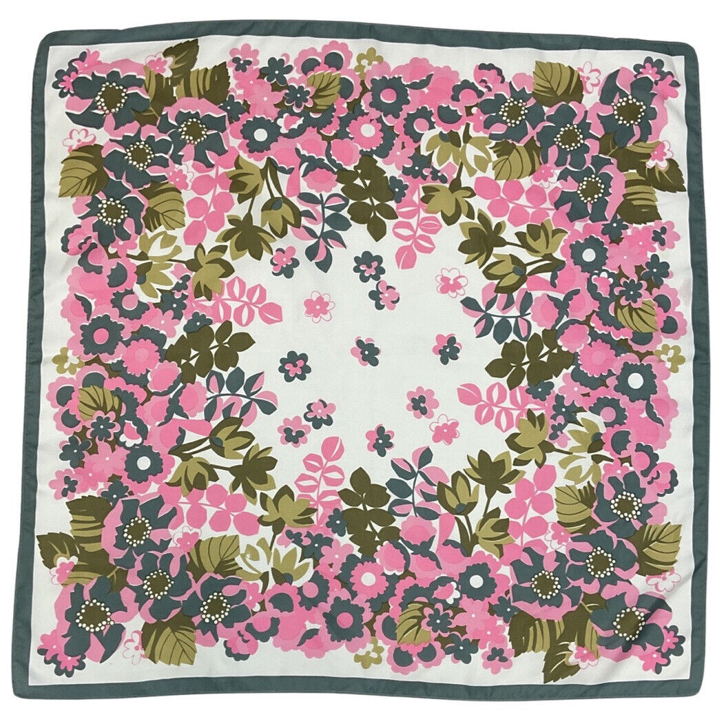 VINTAGE 60s 70s GREY PINK WHITE PSYCHEDELIC GARDEN FLORAL SQUARE SCARF