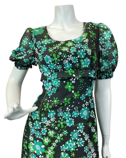 VINTAGE 60s 70s BLACK GREEN DAISY FLOWER PUFF SLEEVE MOD MAXI DRESS 10