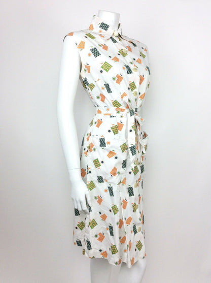 VINTAGE 60s 70s WHITE GEOMETRIC FLORAL ORANGE BLUE GREEN SHIRT DRESS 14