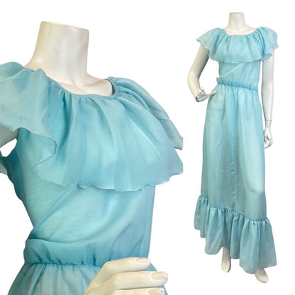 VINTAGE 70s POWDER BLUE SHEER RUFFLED BOHO PRAIRIE SUMMER MAXI DRESS 8