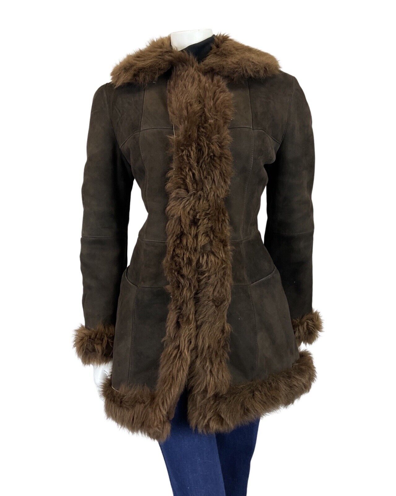 VINTAGE 60s 70s DARK BROWN SUEDE LEATHER BOHO PENNY LANE SHEARLING COAT 12