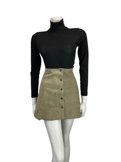 VINTAGE 60s 70s LIGHT GREY TAN SUEDE BUTTON DOWN BOHO MOD GOGO MINI SKIRT 6