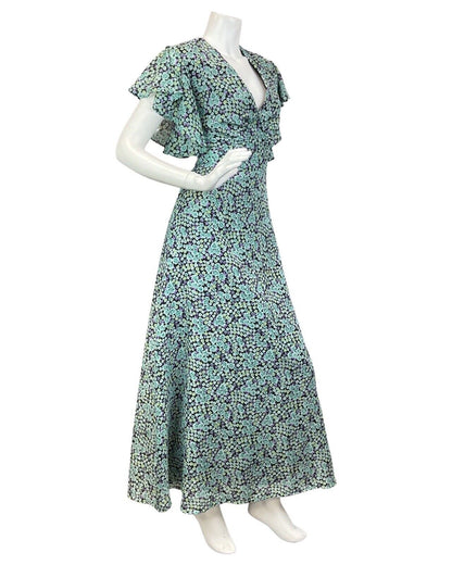 VINTAGE 60s 70s GREEN BLUE PURPLE DITSY FLORAL RUFFLED BOHO MAXI DRESS 12