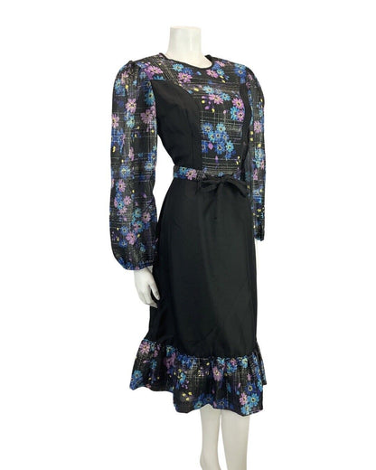 VINTAGE 60s 70s BLACK BLUE PINK DAISY FLOWER GRID SHEER BOHO MIDI DRESS 10