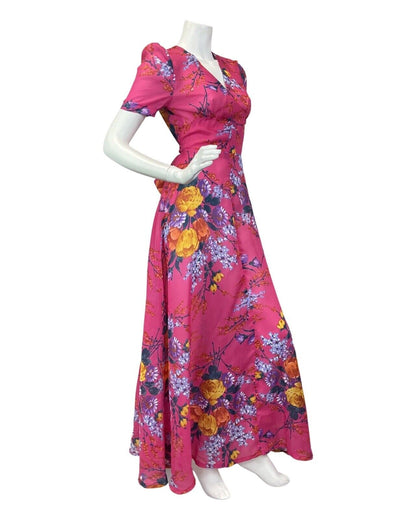 VINTAGE 60s 70s BRIGHT PINK YELLOW BLUE FLORAL TULIP GERBERA SHEER MAXI DRESS 8