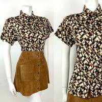 VTG 60s 70s BROWN CREAM WHITE GEOMETRIC DAISY MOD DAGGER SHIRT BLOUSE 14 16