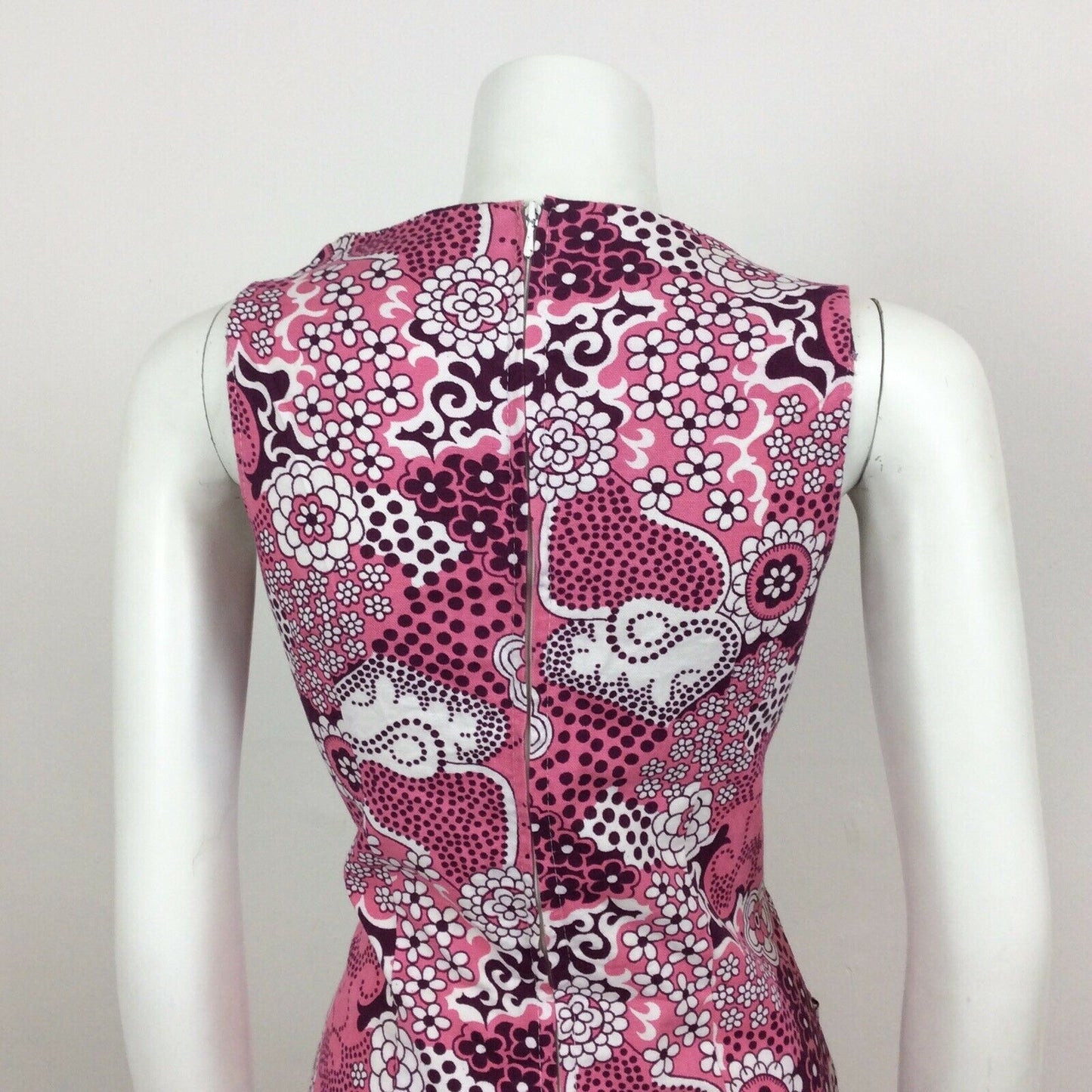 VINTAGE 60S COTTON PINK PURPLE PSYCHEDELIC FLORAL MINI DRESS  8 10