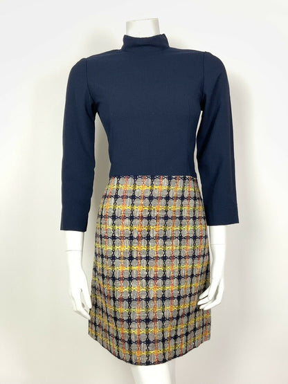 VINTAGE 60s 70s BLUE WHITE YELLOW RED CHECKED CIRCLE GEOMETRIC SHIFT DRESS 8