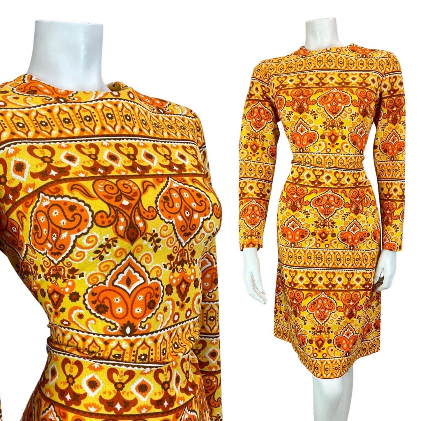 VINTAGE 60s 70s YELLOW BROWN ORANGE MANDALA FLOWER PSYCHEDELIC FITTED DRESS 12