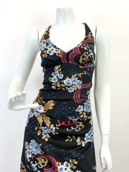 VTG 60s 70s BLACK BLUE RED CREAM FLORAL SWIRL SPAGHETTI SUMMER MAXI DRESS 10 12