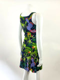 VINTAGE 60s 70s BLUE GREEN PINK PURPLE PALM TREE CACTUS PARROT JUNGLE DRESS 6 8