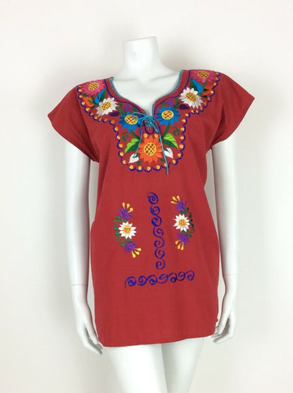 VTG 70s MEXICAN PEASANT TOP BLOUSE RED BLUE GREEN PINK FLORAL EMBROIDERY 10 12