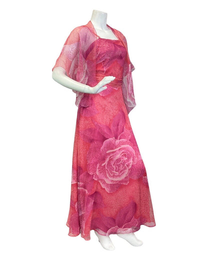 VINTAGE 60s 70s PINK RED WHITE PSYCHEDELIC FLORAL ROSE SHAWL MAXI DRESS 8 10