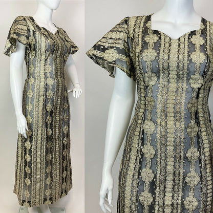 VTG 60s 70s GOLD BLACK LUREX STRIPED FLORAL BELL SLEEVE GLAM MAXI DRESS 20 22