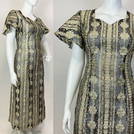 VTG 60s 70s GOLD BLACK LUREX STRIPED FLORAL BELL SLEEVE GLAM MAXI DRESS 20 22