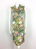 60S 70S VINTAGE WHITE GREEN PURPLE PSYCHEDELIC SLEEVELESS SHIRT DRESS 12 14