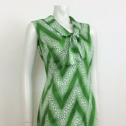 70S VINTAGE APPLE GREEN WHITE CHEVRON PUSSYBOW NECK DRESS 12 14