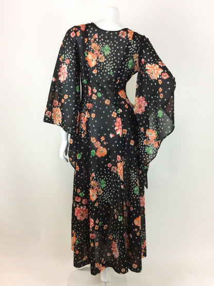 BLACK GREEN ORANGE VTG 70S FLARE SLEEVE MAXI DRESS 10 12