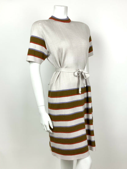 VINTAGE 60s 70s MOD SILVER BROWN PURPLE RED STRIPED BELTED DRESS 14 16