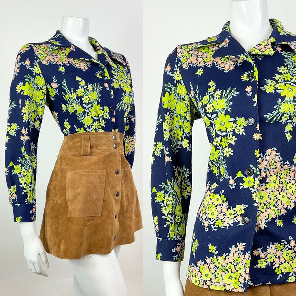 VINTAGE 60s 70s BLUE GREEN PINK FLORAL BLOSSOM WING COLLAR SHIRT BLOUSE 12 14